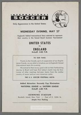 USA v England international soccer match programme played at Downing Stadium, New York, 27th May 1964, 
 4-page, the back cover autographed by England