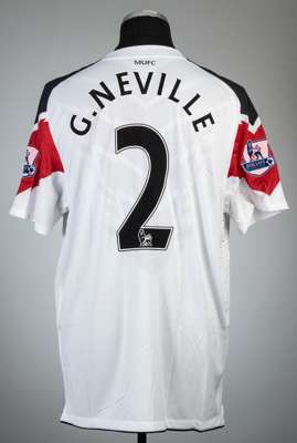 Gary Neville white Manchester United no.2 away jersey, season 2010-11,
 Nike, short-sleeved with BARCLAYS PREMIER LEAGUE sleeved badges, club crest an