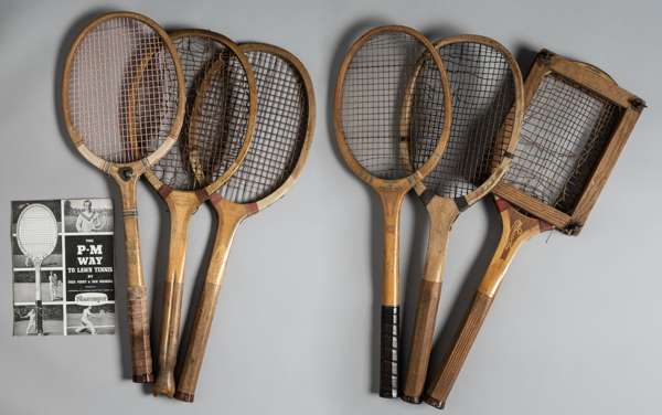 Six lawn tennis racquets,
 comprising TH Prosser & Sons fishtail concave wedge racquet, circa 1910, red shoulder wrapping, ridged handle, retailed by 