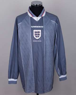 Gary Neville grey and white No.2 England v. Bulgaria match issued long-sleeved shirt, 1996