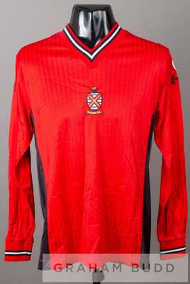 Ray Lewington red Fulham no.4 away jersey, season 1987-88,
 by Scoreline, long-sleeved with Scoreline sleeve logo's and bearing one THE FOOTBALL LEAGU