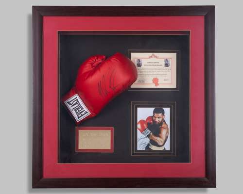 Mike Tyson autographed red Everlast boxing glove display