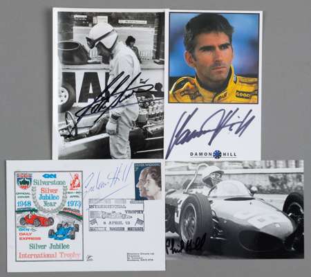 Motor racing Formula One World Champion's racing drivers autographs,
 including Phil Hill on b & w photograph, Graham Hill on Silverstone Silver Jubil