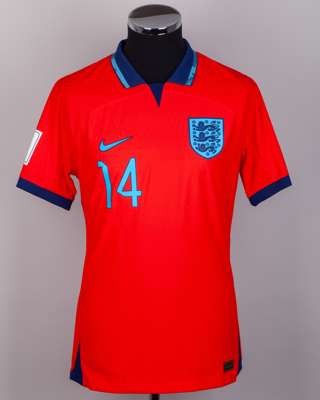 Kalvin Phillips red and blue No.14 England match issued short-sleeved shirt