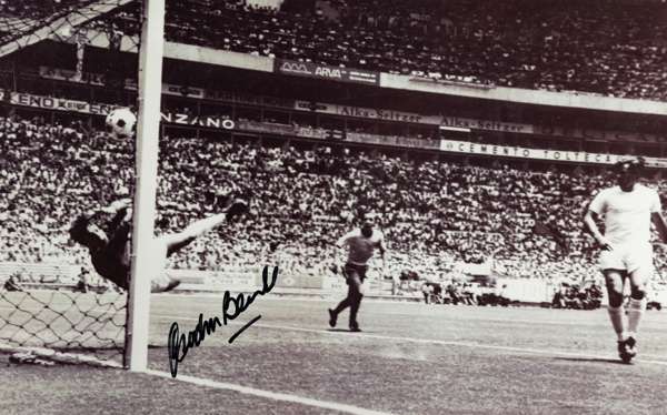 Gordon Banks England v Brazil 1970, Large 16 by 12in. B&W display photograph depicting England’s greatest goalkeeper making the save of the century fr