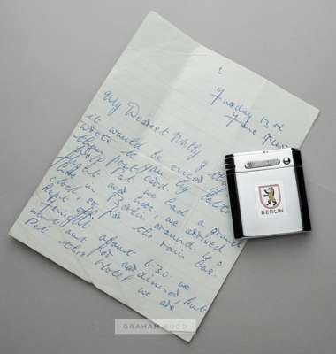 A handwritten letter from the Manchester United and England footballer to his fiancée Molly Leech sent from Berlin,
 the letter commencing My Dearest 