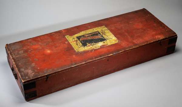 An original red painted pine Sphairistike box made by French and Co., 46 Churton St. London, 
 Major Walter Wingfield’s game of Sphairistike, or Lawn 