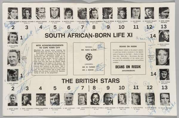 Rare signed British Stars v the South Africa Born Life XI football programme, played at Rand Stadium on 30th June 1973, 
 12-page programme with centr