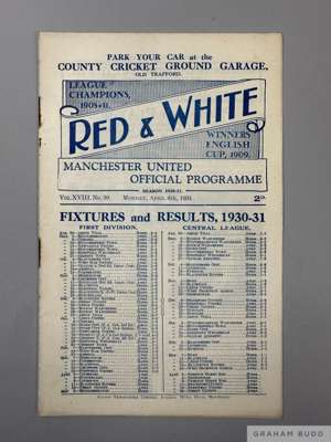 Rare Manchester United v. Liverpool home league match programme, 6th April 1931
 eight pages, half times scores written, overall good