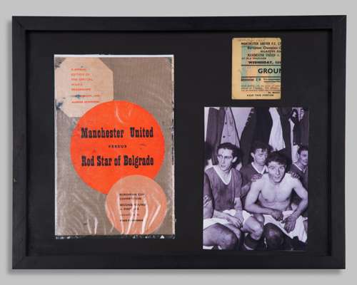 Manchester United v. Red Star Belgrade European Cup programme and ticket stub display, 1958