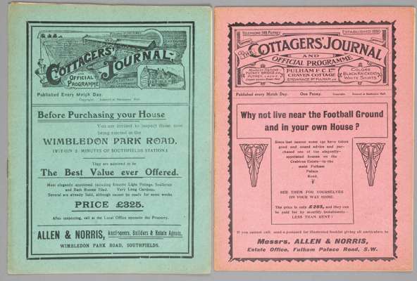 Two Fulham home programmes,
 F.L. Division Two fixtures v Glossop 29th April 1911 and Leeds City 7th September 1912, (2)