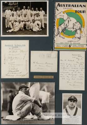 Signed Don Bradman's  1938 Australian XI cricket tour to England display,
 comprising Australian cricket tour programme; 6.5 by 8.5in. b & w photograp