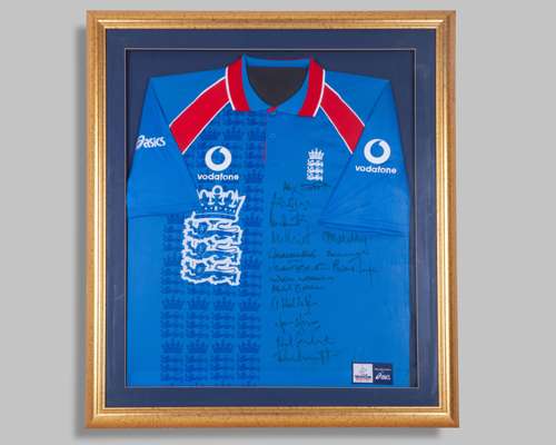 Blue and red England ODI Cricket autographed short-sleeved shirt, 1999