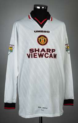 David May white Manchester United no.4 away jersey, season 1996-97,
 match issue, Umbro, long-sleeved with THE FA PREMIER LEAGUE CHAMPIONS sleeve badg