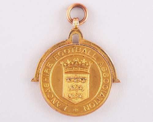 Bill Rawlings 9ct gold Lancashire Football Association medal , 1928-29