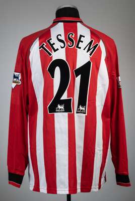 Jo Tessem red and white striped Southampton no.21 home jersey, season 2004-05,
 Saints, long-sleeved with BARCLAYCARD PREMIERSHIP sleeve badges, club 