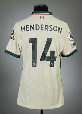 Jordan Henderson cream Liverpool no.14 away jersey, season 2021-22,
 match worn, Nike, short-sleeved PREMIER LEAGUE and NO ROOM FOR RACISM sleeve badg