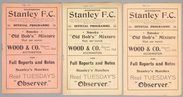 Three Accrington Stanley home programmes from their first season in the Football League (Division Three North) 1921-22,
 v Rochdale, Crewe & Chesterfi