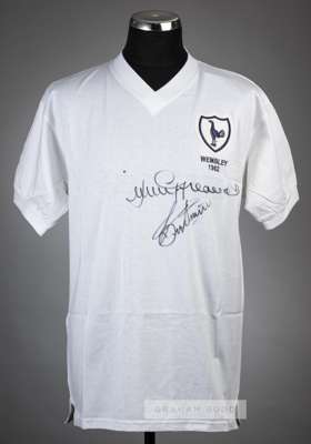 Jimmy Greaves & Bobby Smith signed white Tottenham Hotspur 1962 F.A. Cup Final retro jersey,
 Score Draw, signed in black marker pen with Sporting Leg