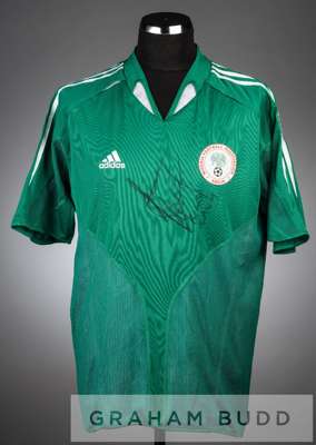 Nwankwo Kanu signed green and white Nigeria no.4 jersey, season 2004-06,
 short-sleeved with club crest and ADIDAS logo, reverse numbered 4, signed in