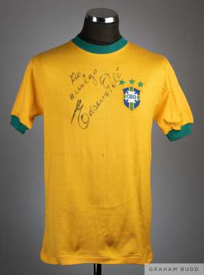 Pele yellow and green Brazil No.10 short-sleeved shirt, 1971, 
 Athleta, with crew-neck collar and embroidered cloth badge inscribed CBD, the shirt de