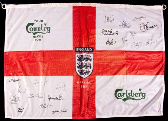 Signed Carlsberg sponsor's England football flag, 20 signatures in black marker pen including A Cole, Beckham, James, G Neville, Gerrard, Terry, Campb