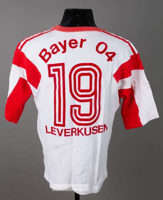 White and red TSV Bayer 04 Leverkusen Bundesliga no.19 jersey, season 1989-90,
 Adidas, short-sleeved with club crest and sponsor logo, reverse number