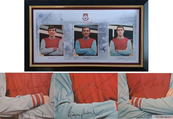 West Ham United & England 1966 World Cup winners Bobby Moore, Geoff Hurst and Martin Peters autographed, mounted & framed display, 
 features three or