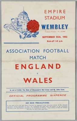 Association Football match England v Wales programme, played at Empire Stadium, Wembley on 25th September 1943, 
 two-page with team line-up on centre