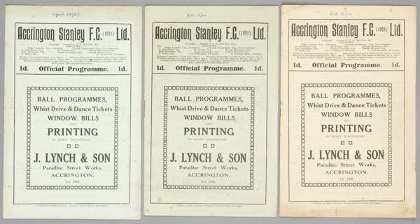 Three Accrington Stanley home programmes season 1924-25,
 F.L. Division Three North fixture v Rochdale, Chesterfield & Lincoln City