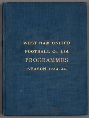 Bound volume of West Ham United home programmes season 1933-34,
 comprising first team (Football League Div 2) and reserves (London Combination and Lo