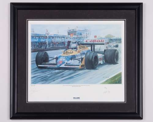 Nigel Mansell 1987 Signed Williams Honda Team Framed British Grand Prix Print - by Geoff Lee