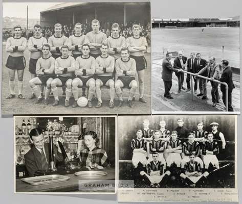 Newport County selection of b & w original press photographs, dating from the 1920s onwards, 
 including team photograph re-strike v Cardiff on 3rd Se