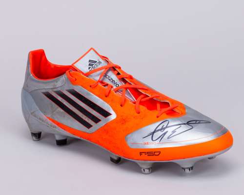 Garath Bale a silver and orange Adidas autographed right football boot