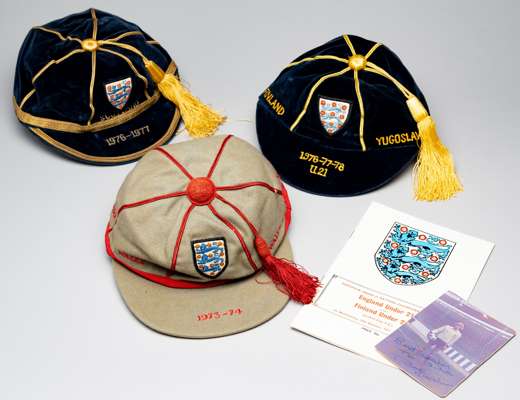A group of three representative caps awarded to Paul Bradshaw, 
 comprising a England cap for the UEFA Youth championship, season 1973-74, inscribed W