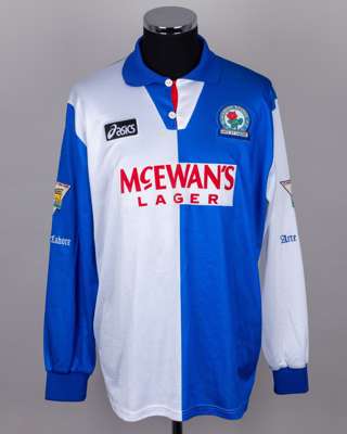 Chris Sutton blue and white No.16 Blackburn Rovers long-sleeved shirt, 1995-96