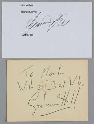 Graham Hill (1962 & 1968) & Damon Hill (1996), father and son Formula One World Championship winning drivers - good pair of original ink autographs,

