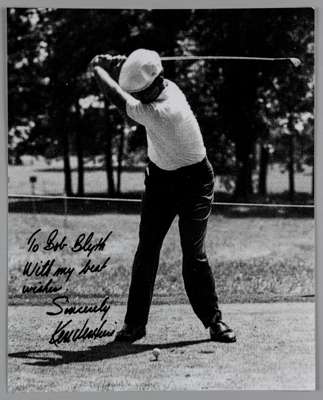 Ken Venturi 1964 U.S Open Golf Champion original autographed b&w photograph,
 10 by 8in., depicting Venturi at the top of his backswing, beautifully i