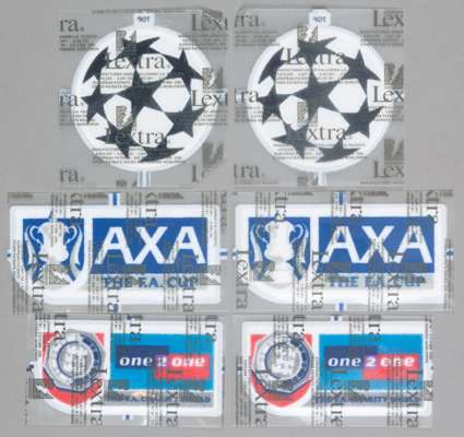 Six unused football jersey sleeve badges, 
 comprising two UEFA STARBALL, diameter 7.5cm; two AXA THE F.A. Cup, 5 by 11cm; two ONE 2 ONE THE F.A. CHAR