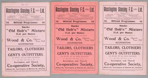 Three Accrington Stanley home programmes season 1923-24,
 F.L. Division Three North fixtures v Darlington, Walsall and Wrexham, (3) wear to all three,