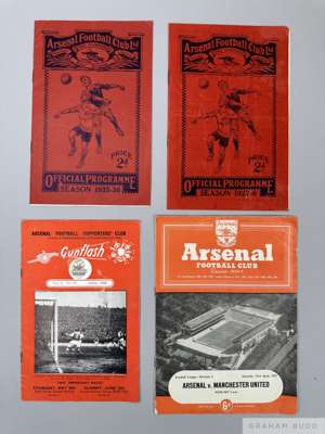 Four Arsenal match programmes, 1920s to 1950s
 comprising, Sunderland, 17th September 1927, Aston Villa, 18th April 1936, Manchester United, 23rd Apri