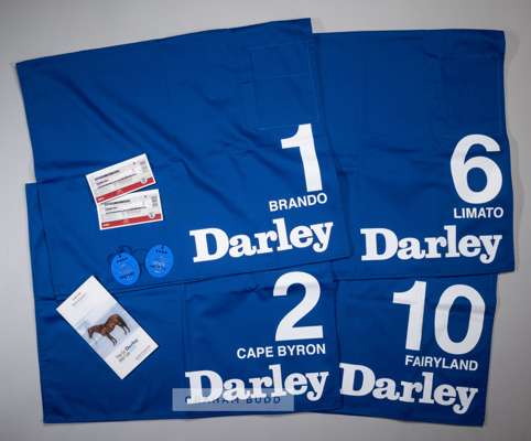Four saddle cloths from the Darley July Cup at Newmarket 13th July 2019,
 the blue horse cloths with white lettering, bearing the horse name and numbe