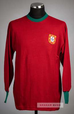 Red Portugal no.8 jersey, circa late 1960s,
 Marlec, long-sleeved with green collar and cuffs, embroidered country emblem badge, reverse numbered 8