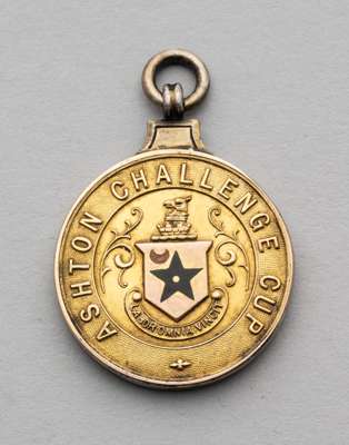 A silver-gilt and enamel Ashton Challenge Cup medal, 1947, 
 the obverse inscribed Ashton Challenge Cup, the reverse inscribed Winners, Stalybridge Ce