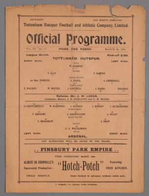 Tottenham Hotspur v Arsenal programme, played at Highbury, 29th March 1919,
 single-sheet, printed on both sides, with team line-up, horizontal and ve