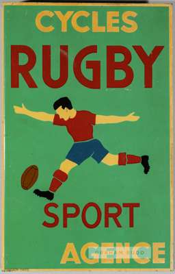 French metal advertising shop sign "Cycles, Rugby, Sport Agence", circa 1960s,
 the green painted double sided exterior shop sign painted with a rugby