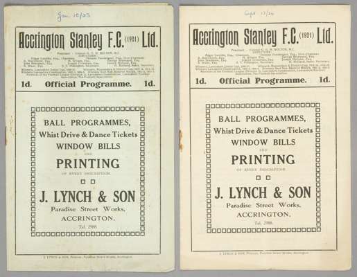 Two Accrington Stanley home programmes season 1924-25,
 F.L. Division Three North fixture v Nelson and Portsmouth F.A. Cup 1st Round