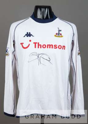 Stephen Carr signed white Tottenham Hotspur no.2 home jersey v Newcastle United at White Hart Lane, 14th March 2004,
 long-sleeved with BARCLAYCARD PR