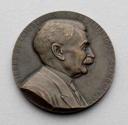 A bronze medal commemorating Pierre de Coubertin and the 50th anniversary of the International Olympic Committee 1894-1944, 
 signed Tore Strindberg f