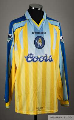 Gianluca Vialli yellow and blue No.9 Chelsea match worn long-sleeved shirt, 1996-97, 
 Umbro, XXL, with v-neck collar and embroidered cloth badge insc